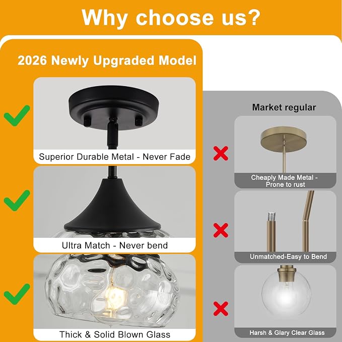 Modern Pendant Lights Kitchen Island, Matte Black Pendant Light Fixtures with 8.5" Clear Hammered Glass Shade, Industrial Hanging Pendant Lights Fixture for Kitchen Island Dining Room Entryway 1 Pack