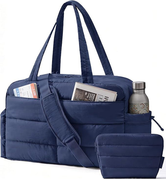 BAGSMART Gym Bag for Women, Lightweight Puffer Duffle Bag 2-PC Travel Bag, 31L Weekender Overnight Bag Quilted Carry On Tote Bag, Diaper Hospital Dance bag for Travel, Gym, Water Resistant, Navy Blue