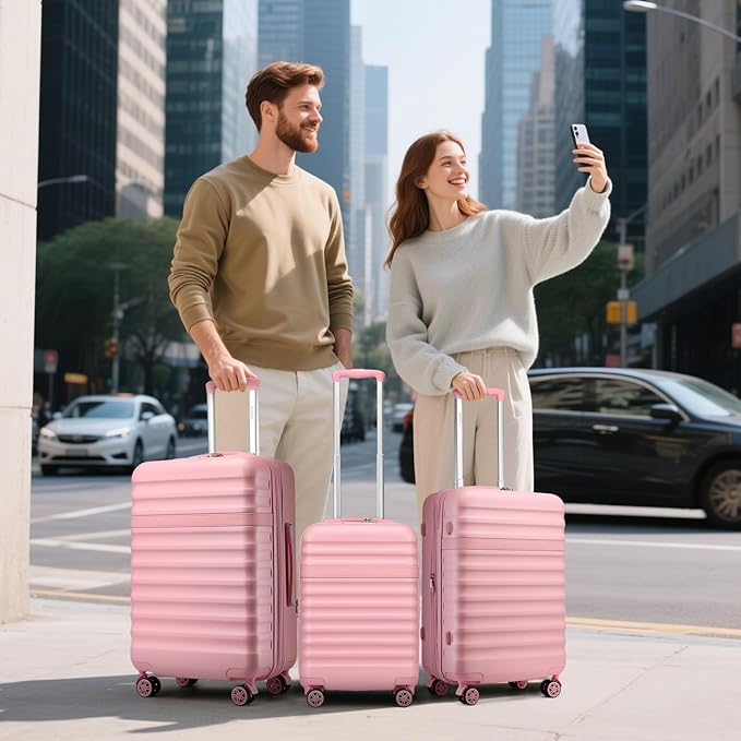 Kono Luggage Set 3 Pieces Expandable PC ABS Durable Suitcase Hardside with Double Spinner Wheels Tsa Lock Pink(20in/24in/28in)