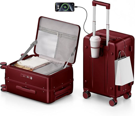 20IN Carry On Luggage,Top Opening Aluminum Frame Hardside 100% PC Airline Approved Suitcase -with TSA Lock,Cup Holder,USB Charge,Side Pothook, 360°Spinner Wheels-Wine Red