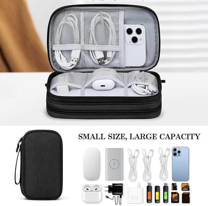 FYY Electronic Organizer, Travel Cable Organizer Bag Pouch Electronic Accessories Carry Case Portable Waterproof Double Layers Storage Bag for Cable, Cord, Charger, Phone, Earphone, Medium, Black