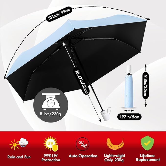 Windproof Compact Travel Umbrella,Large Strong but Light Portable and Automatic Folding Rain Umbrella, small inverted for travel size