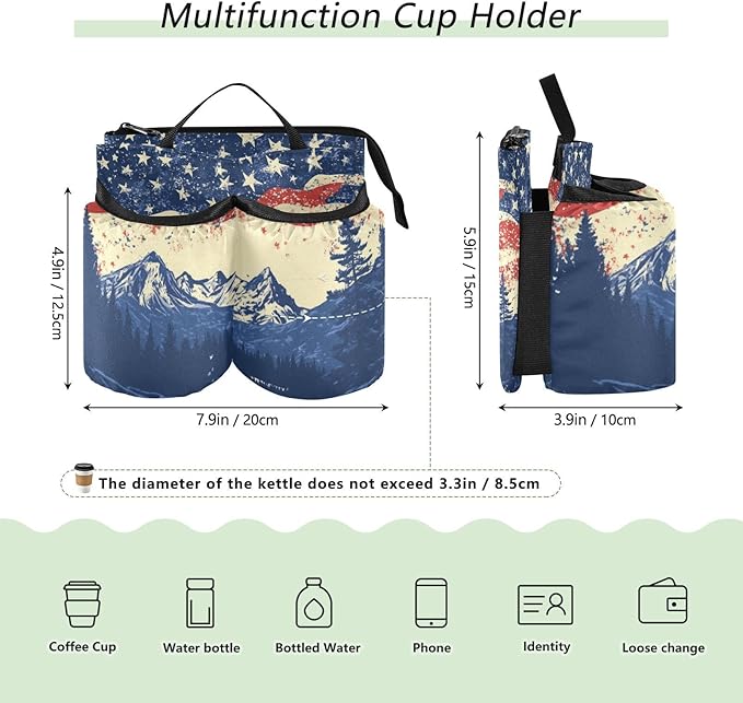 July 4th Flags Mountains Blue Luggage Cup Holder Travel Portable Free Hand Drink Carrier Suitcase Drinks Beverage Holder Carry-On Bottle Mug Holder Organizer Bag Travelers Accessories