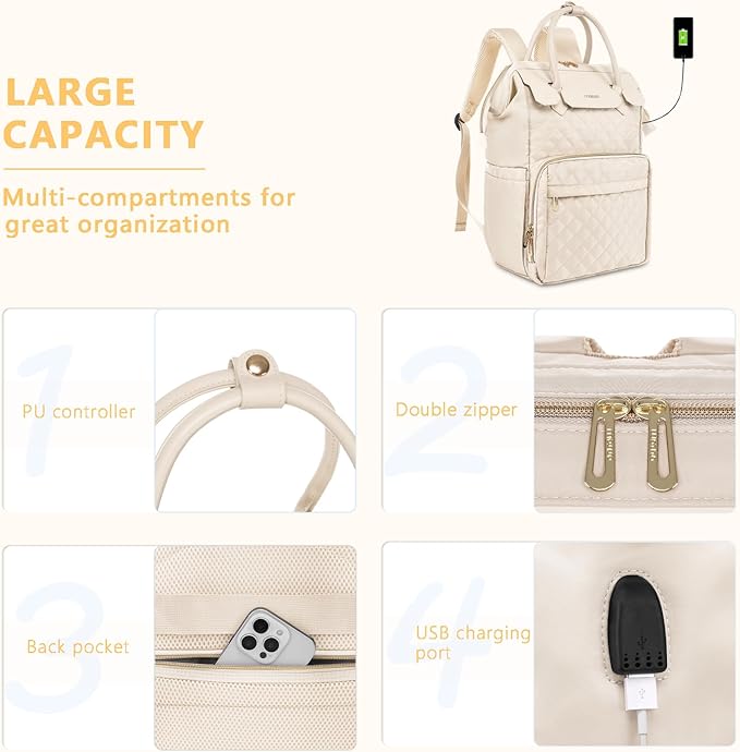MOSISO Laptop Backpack for Women Men, 15-15.6 inch Rhombus Quilted Flight Approved Travel Backpack with PU Handle, 16 inch Carry on Daypack with USB Port for College Work Business, Beige