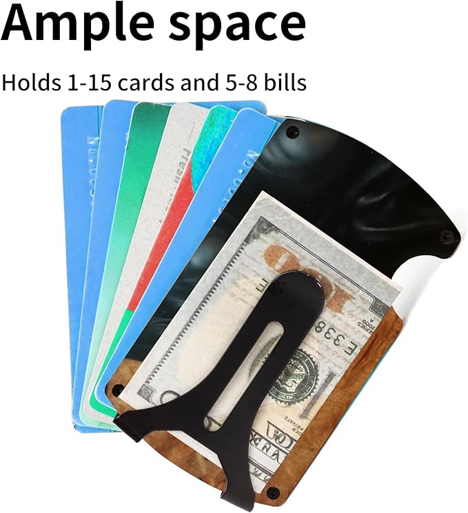 Carbon Fiber Minimalist Wallet for Men Credit Card Holder Money Clip & Cash Strap Slim RFID Mens Wallets,Resin Natural Walnut Wood,Unique Pattern,Black