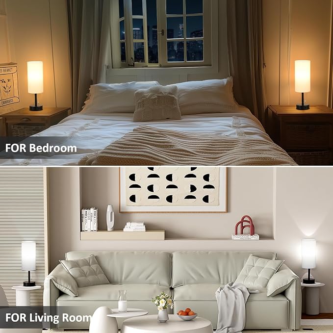 White Bedside Table Lamps Set of 2 - Bedroom Lamp for Desk, AC Outlet | 3CCT(3000K/4000K/5000K), LED Bulbs Included, White Fabric Lampshade, 14in Small Lamp for Nightstand, Guest Room, Living Room