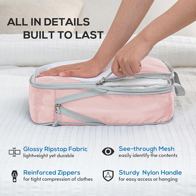 Compression Packing Cubes, 9 Set Packing Cubes for Travel Compression, Lightweight Compressible Package Organizer for Carry On and Suitcases, Pink