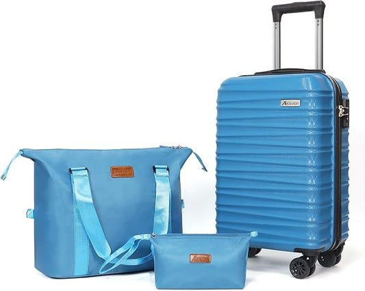 Luggage Set 3 Piece Luggage Set ABS hardshell Spinner Wheels Luggage Carry on Suitcase with Weekender bag & Toiletry bag（Skyblue）