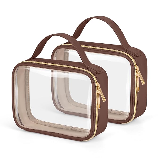 Wedama Clear Toiletry Bag, 2 Pack Clear Makeup Bags with Handles, Large Travel Bags PVC Cosmetic Bag for Women and Men, Carry on Airport Airline Compliant Bag, Brown