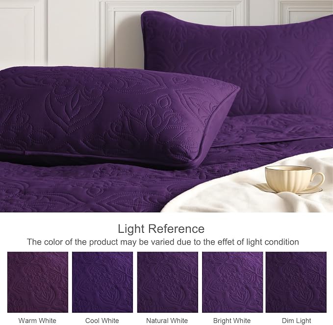 Whale Flotilla King Quilt Bedding Set Vintage Damask Reversible Bedspread | Suitable for Bed, 3 Pieces Purple Lightweight Breathable Quilt King Size, Ultrasonic Coverlet Bed Cover with 2 Pillow Shams
