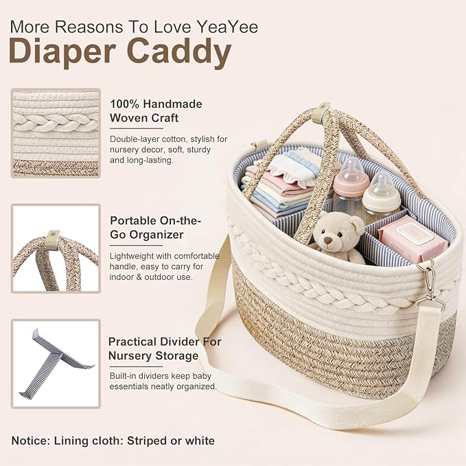 Baby Diaper Caddy Organizer, X-Large, 5 Grids, 8 Pockets, Shoulder Strap Portable Nursery Storage Basket with 2 Changeable Compartments, 100% Cotton Woven Rope Bins, Newborn Gift