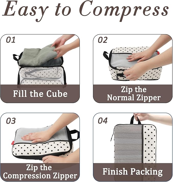 U+U 4 Set Compression Packing Cubes - Ultralight Travel Organizers, Space-Saving Suitcase Organizer, Expandable Packing Cubes for Travel, Business Trip and Family Vacation (Polka Dot)