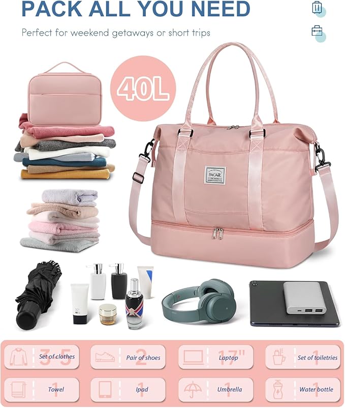 BAGAIL Travel Duffel Bag, Weekender Bags for Women, Overnight Gym Carry On Tote Bag with Wet Pocket, Hospital Mom Bag for Labor and Delivery - Extra Large, Pink
