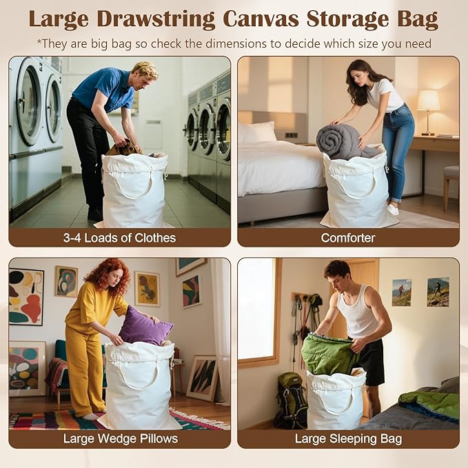 Canvas Laundry Bag 33"Wx 35"H, Thick Canvas Laundry Bag with Handles & Drawstring, Extra Large Heavy Duty Washable Basket Liner Hamper Liner Storage Sack (Beige XL, 2 Pack)