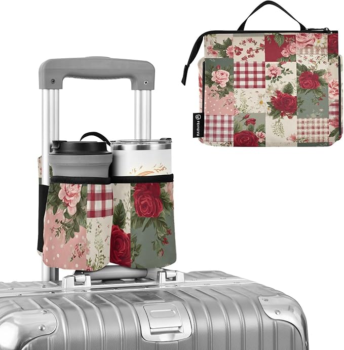 Luggage Cup Holder for Suitcases Free Hands Travel Cup Holder Portable Suitcase Cup Drink Holder Luggage Cup Caddy Bag Carrier Vintage Red Roses Patchwork