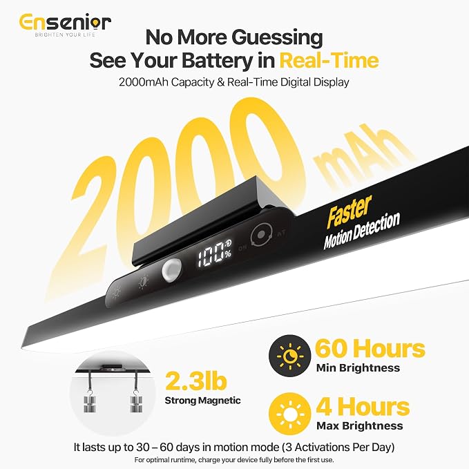 Ensenior 4W Motion Sensor Rechargeable Light Bar, Closet Lights, 2P | 2000mAh, Dimmable, Eye-Friendly, 3 Colors CRI85+, Battery Display, Wireless, Remote Control, Magnetic 130° Rotatable,Stick on