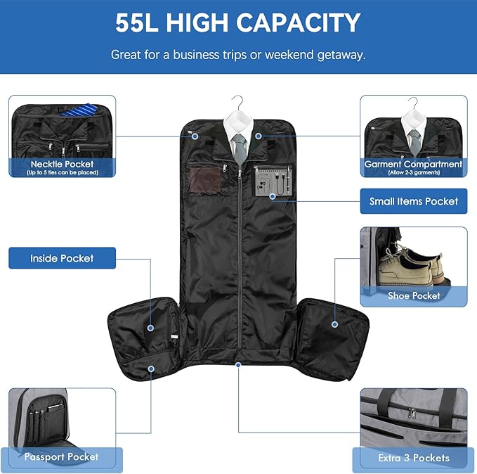 Carry on Garment Bag for Travel, Bukere Convertible Travel Duffel Suit with Shoe Compartment, Detachable Shoulder Strap, 2 in 1 Weekender Men Women