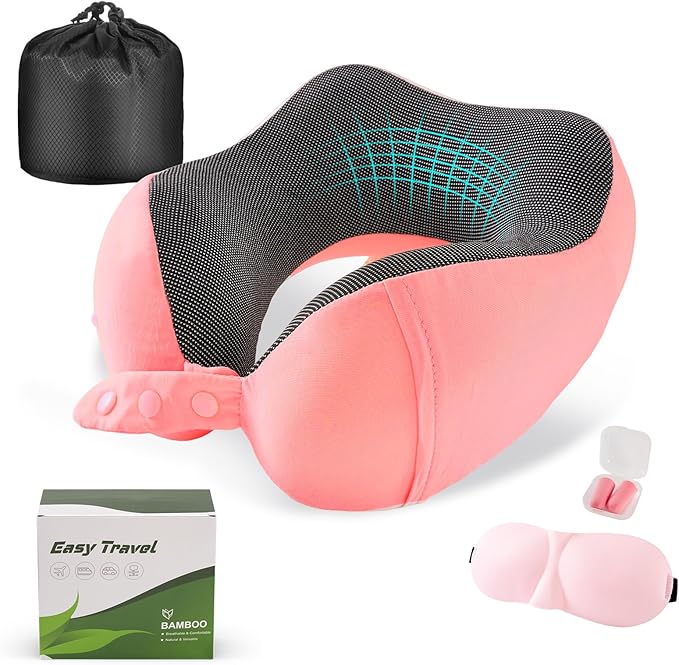 Neck Pillow for Traveling, Travel Pillows for Airplanes,100% Pure Memory Foam Travel Neck Pillow, Adjustable Flight Pillow, Portable Plane Accessories with Eye Mask, Earplugs, Carry Bag