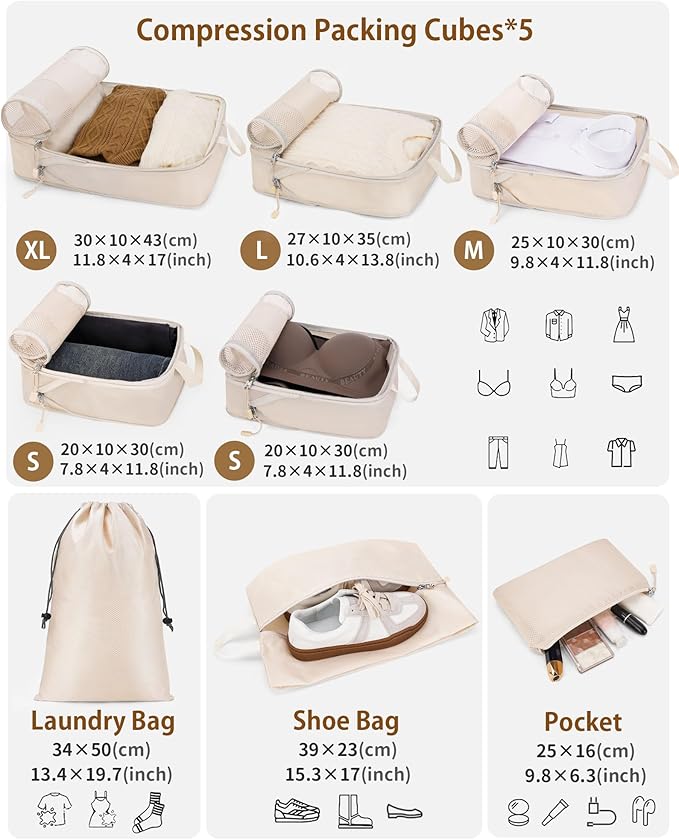 Compression Packing Cubes 8 Sets, Packing Organizers, Extensible Suitcase Organiser Bags, Travel Organizer Cubes for Travel Essentials Beige
