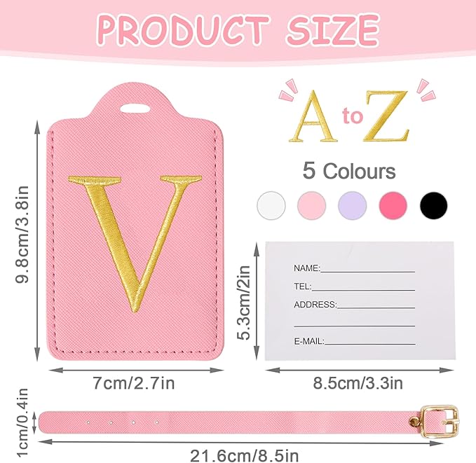 Unique Initial Letter Luggage Tags for Suitcases, Monogrammed Suitcase Luggage Identifier Tag,PU Leather TSA Approved Luggage Tags,Bag Tags for Men Women Kids Luggage Baggage(Pink V)