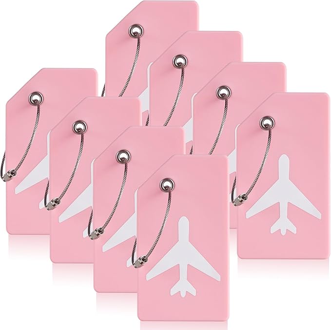 8 Pcs Luggage Tags for Suitcases, 26 Initial Letter Travel Luggage Baggage Identification Labels ID Tags Fully Bendable Tags with Stainless Steel Loop (Plane, Pink)