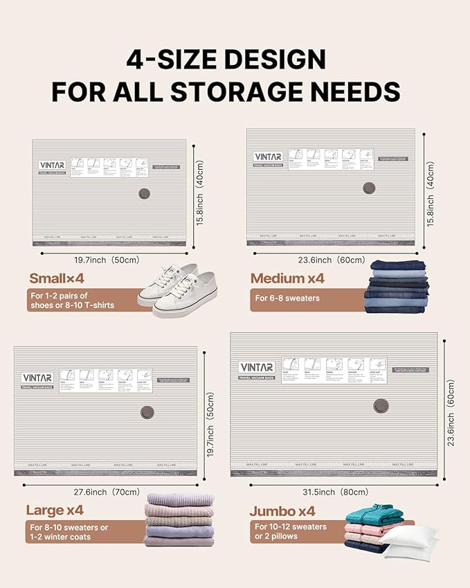 Vacuum Seal Bags for Clothing Travel, VINTAR 16 Pack Vacuum Storage Bags with Rechargeable Wireless Pump, Space Saver Bags(4 Jumbo+4 Large+4 Medium+4 Small) for Travel Luggage, Suitcase Storage