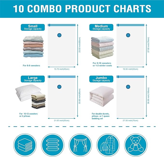 Cozy Essential Vacuum Storage Bags, 80% Compression Vacuum Seal Space Saver Plastic Packaging Bags for Clothes, Blankets, Pillow, Bedding, Comforters, Sealer Clothing Storage,10 Combo