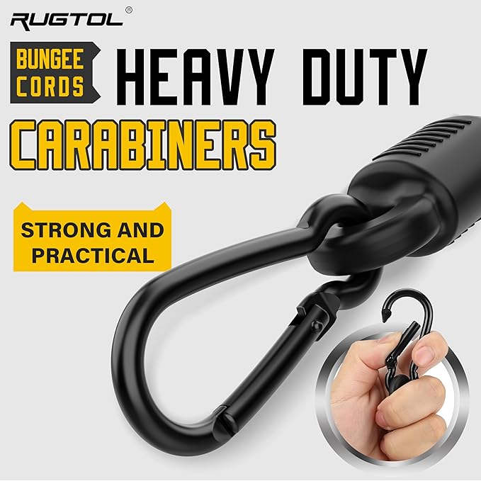 Rugtol Adjustable Bungee Cords with Hooks, 6 Pack Heavy Duty Outdoor Carabiner Bungee Cord, Black Super Elastic Bungee Straps Easily Adjust from 7" to 36", Great for Cargo, Camping, Bike Racks, Tents