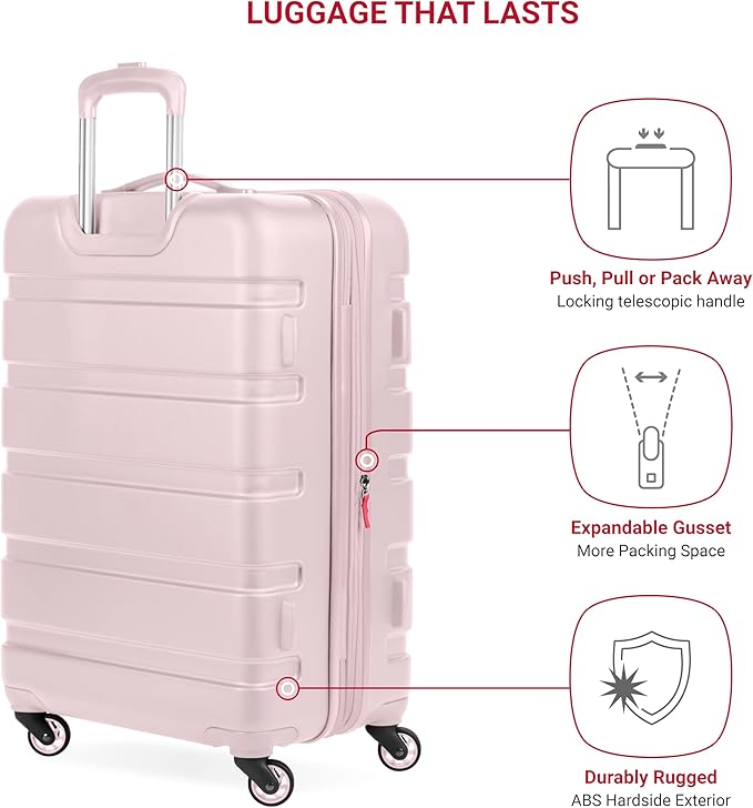 SwissGear 7366 Signature Hardside Expandable Luggage with Spinner Wheels, TSA Lock, Pink, Checked-Medium 23-Inch
