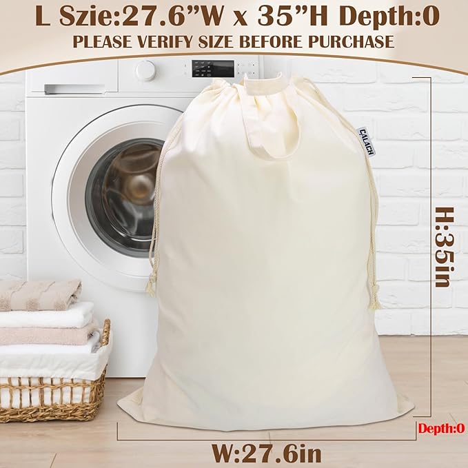 Canvas Laundry Bag with Handles & Drawstring Closure 27.5”Wx35"H, Thick Laundry Bag Large Heavy Duty Washable Dirty Clothes Travel Sack for Camp, College Dorm, Laundromat (Beige L, 2 Pack)