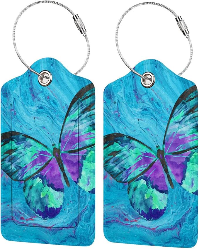 2 Pack Luggage Tag for Suitcase, Cute Unique Leather Suitcase Tags Identifiers with Privacy Name Address Labels & Durable Steel Loop for Women Men Travel