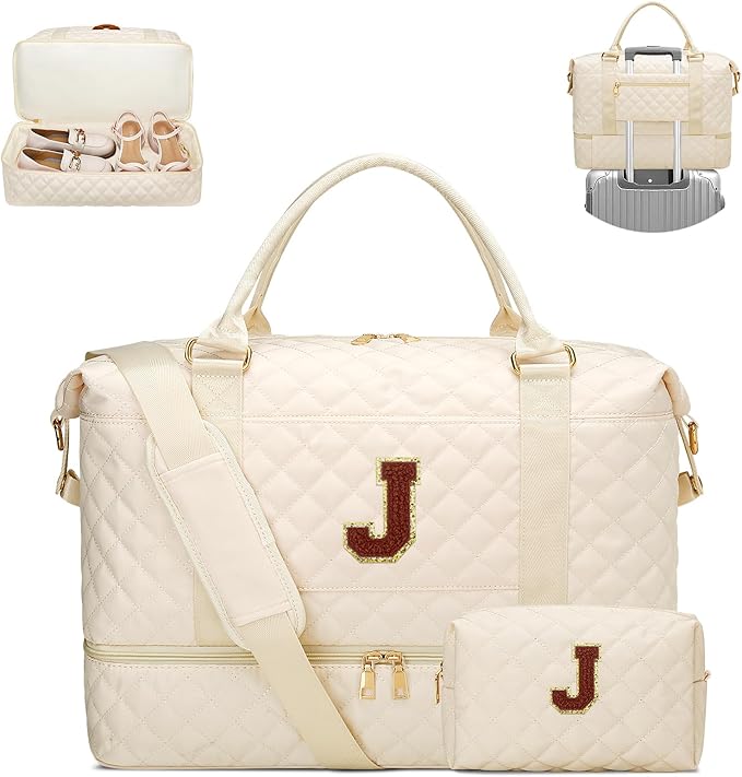 Gift for Women Initial Travel Duffle Bag Quilted Weekender Bags Carry-On Overnight with Cosmetic Bag, Gym Bag with Shoe Compartment Hospital Bag for Women Labor Delivery, Beige-J