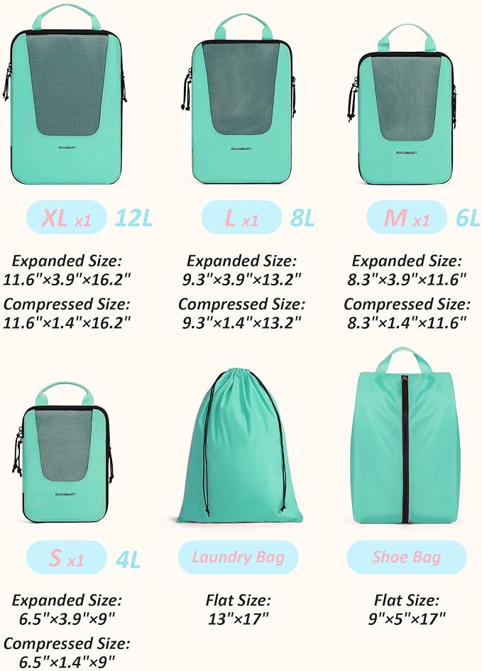 BAGSMART Compression Packing Cubes for Travel, 6/5/4set Lightweight Packing Organizers, Summer Travel Essentials Suitcase Organizer Bags Set