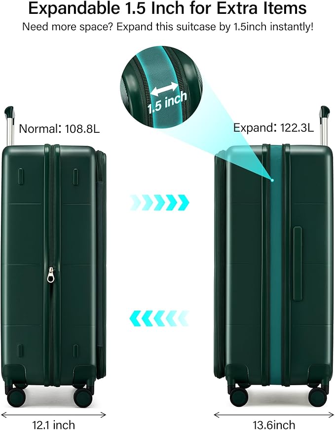 MILADA 28 Inch Large Checked Luggage, Expandable Hardshell Suitcase with 360° Spinner Wheels & TSA Lock, Durable Extra Large Rolling Trunk for Travel, International Vacation, Blackish Green