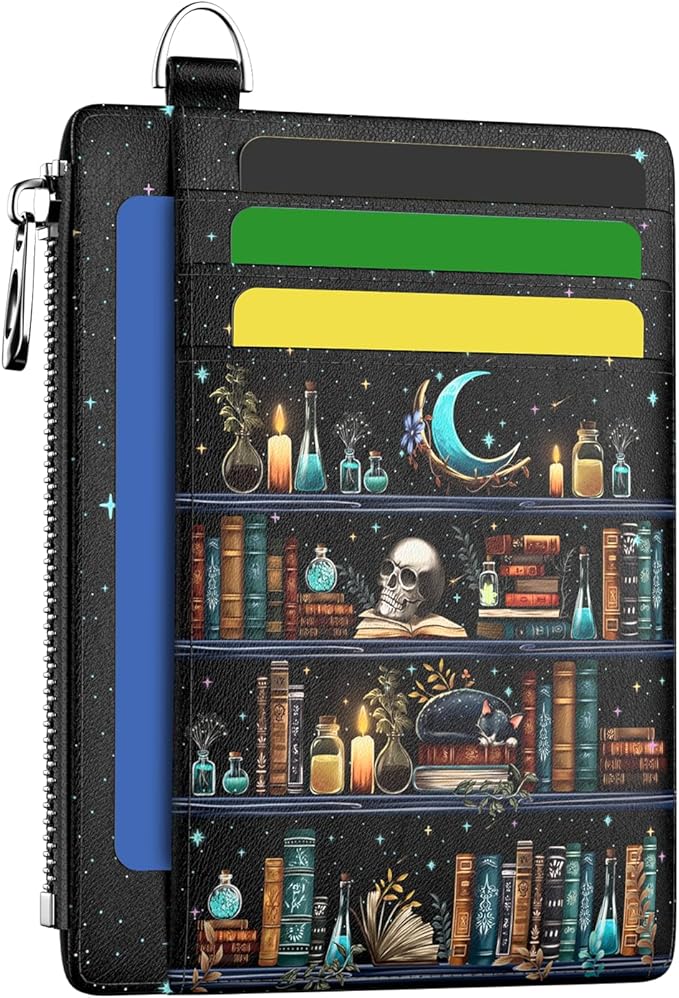 Hancynir Goth Bookshelf Skull Cat Wallet Women Credit Card Holder Funny Gothic RFID Blocking Small Card Wallets Mini Front Pocket PU Leather Thin Travel Zipper Coin Cash Ladies Female Wallet Gifts