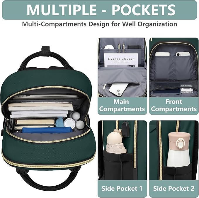 Laptop Backpack for Women Work Bag - 15.6 inch Travel Backpack with USB Charger College Bookbag Waterproof Business Computer Backpack Anti-theft Casual Backpacks for Nurse Teacher Black Green