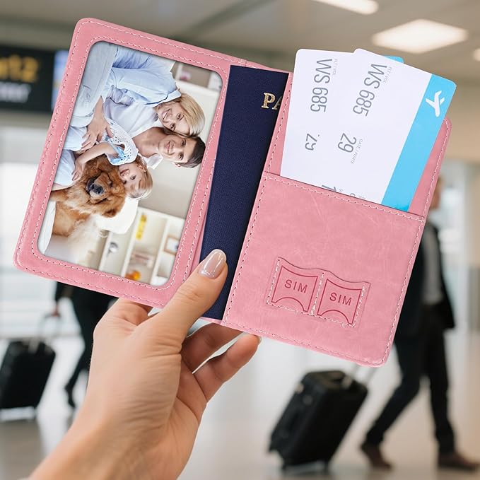 Passport Holder for Travel, RFID Blocking Passport Cover with Pen Holder Leather Passport Wallet Case Travel Must Haves Accessories Passport Book Card Holder for Family Travel Essentials Gifts, Pink