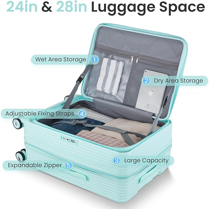 3 Piece Luggage Set 100% PC Hardshell, Front Opening Expandable Suitcase (20/24/28) with Laptop Compartment & Free Custom PVC Covers, Trunk Style Lightweight Spinner Wheels TSA Lock