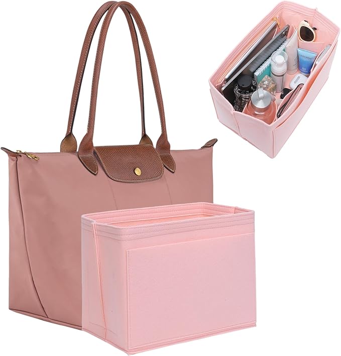 Premium Felt Purse Organizer Insert for Longchamp Le Pliage, Zipper Long Champ Bag Organizer Insert with Cup Holder, 9 Compartments
