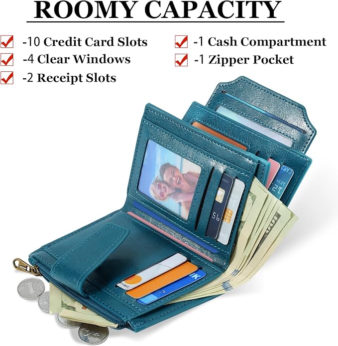 Airkit Small Wallet Women RFID Blocking Soft Leather Bifold Compact Card Holder Wallet for Women with Zipper Coin Pocket 4 ID Window