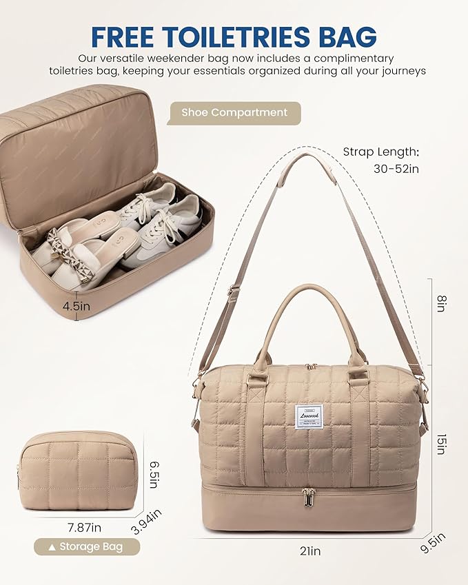 LOVEVOOK Puffer Weekender Bags for Women with Shoe Compartment, Carry On Overnight Bag, Gym Duffel Bag with Wet Pocket, 2Pcs Set