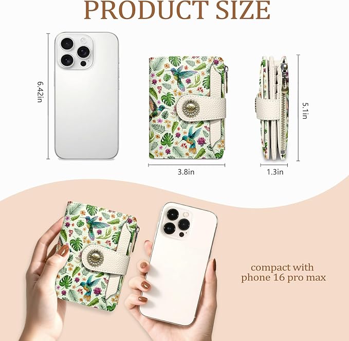 Icycay Hummingbird Small Wallet Women RFID Blocking Bifold, Cute Credit Card Holder, Zipper Coin Pocket, PU Leather, Compact, Travel, 4 ID Window, 14 Card Slots, Cash Purse, Ladies Woman Female Girls