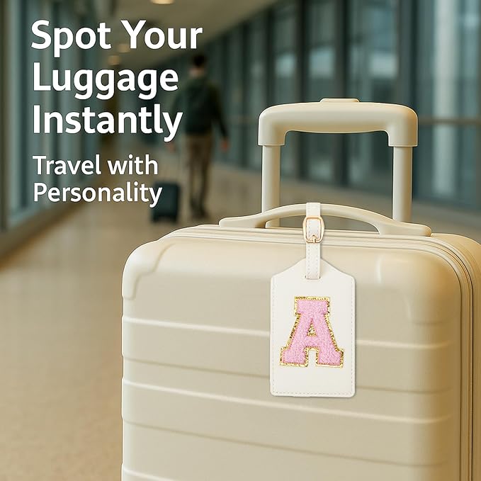 Initial Luggage Tag, PU Leather Luggage Tag, Embroidered Luggage Tag, Letter Luggage Tag, Monogrammed Luggage Tag, Luggage Tag for Baggage Bag Suitcase (A, White Leather+Pink Letter)