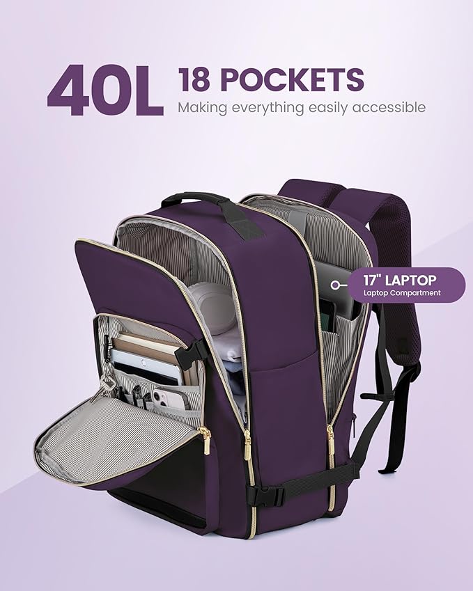 LOVEVOOK Travel Backpack for Women & Men 40L,Airline Approved Carry On Backpack Travel Essentials,TSA Carry on Luggage,Waterproof Personal Item Travel Bag Suitcase,3 Packing Cubes,Dark purple-Black-2