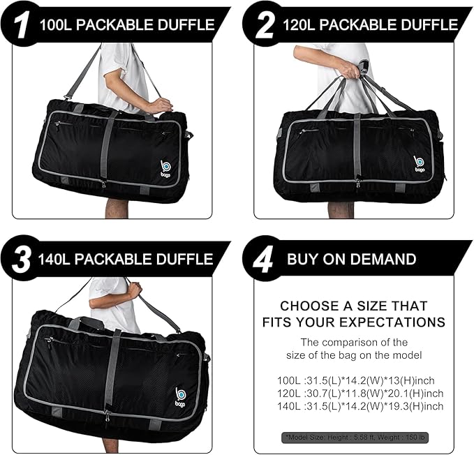 Bago Large Duffle Bag for Travel Women & Men. Durable Lightweight Foldable Travel Duffel Bags For Traveling Women. 100L Duffle Bags for Overnight Bag With Shoe Compartment Collapsible Weekender duffel