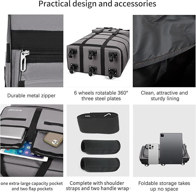 130L Expandable Luggage, 40 Inch Suitcase with Wheels, Collapsible Luggage with Wheels, Rolling Duffle Bag with wheels, Foldable Suitcasewith2Handle Wrap 2Fixing Straps 1Shoulder Strap (gray)