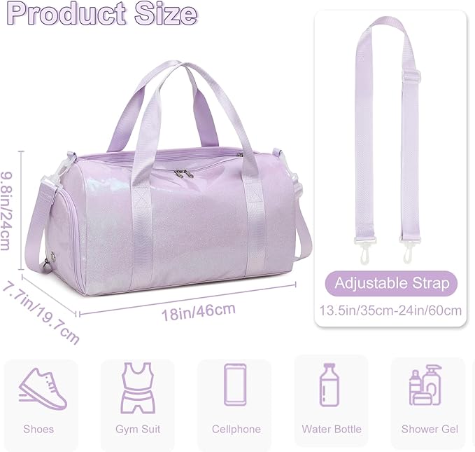 BTOOP Duffle Bag for Girls Kids Gym Sports Women Workout Travel Bag Weekender with Shoe Compartment and Wet Pocket (Purple)
