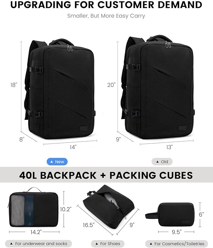 LOVEVOOK Travel Carry on Backpack, Large 40L Personal Item Travel Bag for Men & Women Flight Approved with 3 Packing Cubes, Suitcase Water Resistant Luggage Daypack Business Weekender Bag