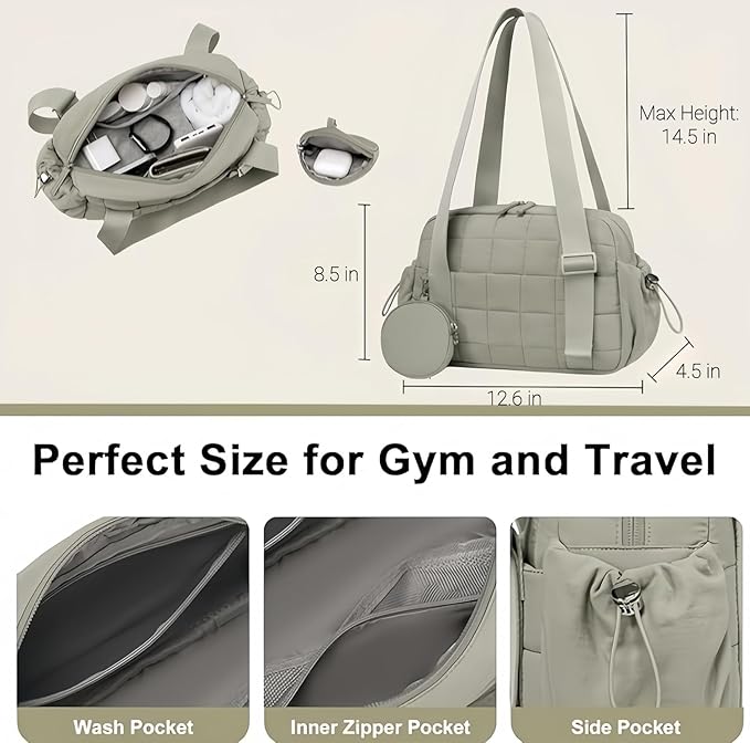CAMTOP Mini Gym Bag for Women, Small Gym Tote Bag Puffy Quilted Sports Duffel Bag with Wet Compartment and Coin Purse Duffel Bags Dance Yoga Workout Bag for Gifts