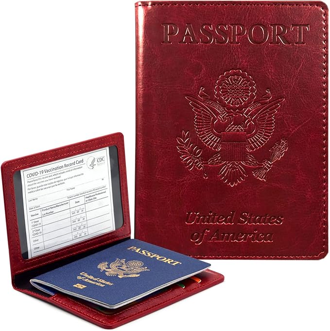 Passport Holder Cover Wallet Case RFID Blocking Leather Card Slot Travel Accessories Documents Organizer Protector for Women Men, Wine Red